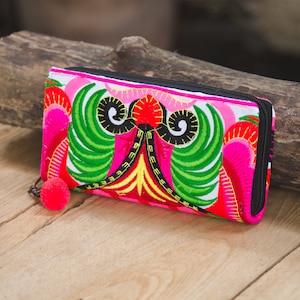 Orchid  Boho Woman's Wallet with Thai Hmong Embroidery Pom Pom Zip (WA301WHIOR)