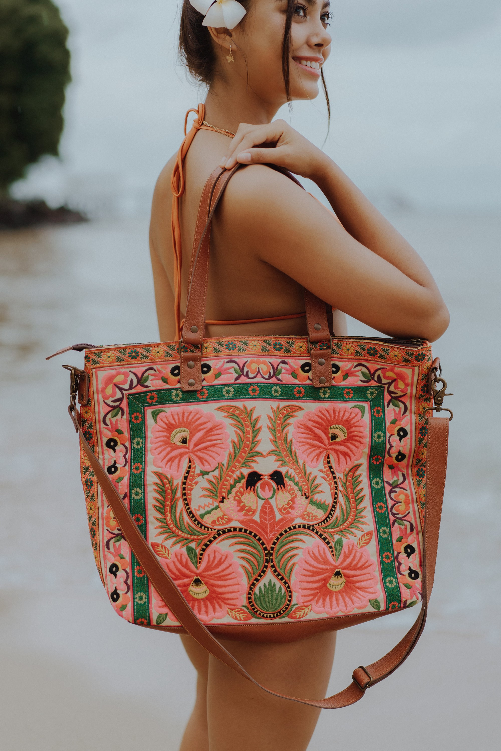 Orchid Hmong Embroidered Tote Bag with Adjustable Leather Crossbody Strap, Boho Beach Tote Bag from Thailand - BG0055-00-YEL
