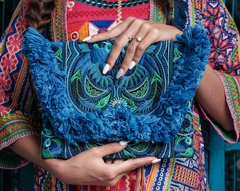 Blue Clutch Bag/Ipad Holder with Bird Pattern Hmong Embroidered Pattern, Tassels, Bohemian Clutch Bag, Festival Bag - BG0040-00-BLU