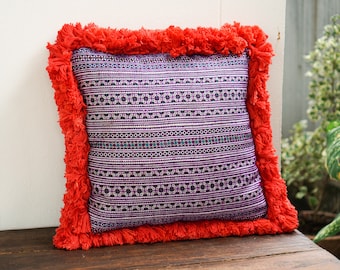 18x18 Vintage Hmong Tribe Embroidered Cushion Cover, Throw Pillow Case with Red Tassels, Handcrafted Cushion Case from Thailand - CS17VPUR