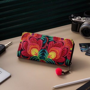 Red Flower Boho Wallet for Women, Hmong Embroidered Purse, Bohemian Wallet from Thailand, Ethnic Wallet with Pom Pom WA301FRED image 9