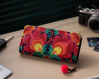 Portefeuille Ethnique Brodé Artisanal Hmong - Style Bohème Hippie, Toile Multicolore