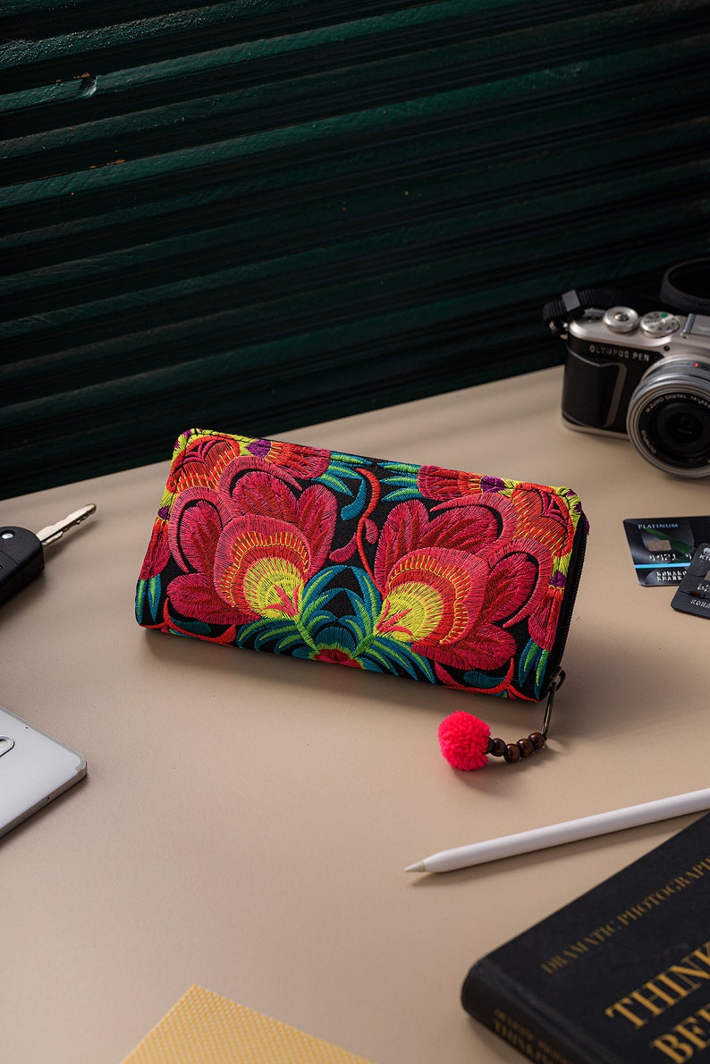 Red Flower Boho Wallet for Women, Hmong Embroidered Purse, Bohemian Wallet from Thailand, Ethnic Wallet with Pom Pom WA301FRED image 9