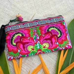Blue Flowers Clutch Bag with Hmong Tribes Embroidered Fabric, Handcrafted Purse for Women, Ethnic Bag ,Unique Gift for Her - BG308FLBLUT