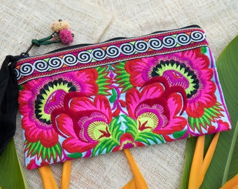 Blue Flowers Clutch Bag with Hmong Tribes Embroidered Fabric, Handcrafted Purse for Women, Ethnic Bag ,Unique Gift for Her - BG308FLBLUT