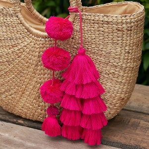 Pink Tassels Zipper Charm, Pom Pom Bag Charm for Purse, Tassels Keychain, Boho Tassels Accessories, Unique Gifts - AC1002-PIN