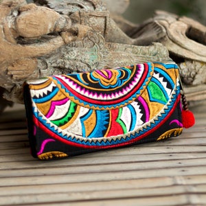 Beautiful Boho Wallet, Women Purse with Hmong Hill Tribe Embroidered, Pom Pom Zip Pull - WA301SNBLA
