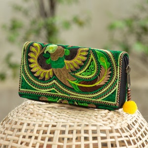 Thai Artisan Wallet with Hmong Hill Tribe Embroidered and Pom Pom Handmade from Thailand for Women - WA301GREB