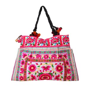 Silk Worm Beach Tote Bag with Hmong Hill Tribe Embroidery, Tote Bag, Boho Tote Bag, Ethnic Tote Bag, Flower Tote Bag BG301WHIW image 4