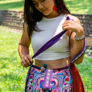 Colorful Bird Pattern Crossbody Bag with Hmong Tribe Embroidery, Boho Round Crossbody Bag, Hippie Crossbody Bag BG303CB image 3