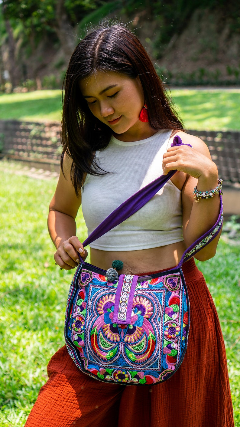 Colorful Bird Pattern Crossbody Bag with Hmong Tribe Embroidery, Boho Round Crossbody Bag, Hippie Crossbody Bag BG303CB image 3