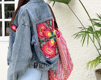 Boho Denim Jacket with Hmong Embroidery, Festival Jean Jacket - CL05BLAF