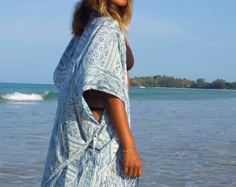 Indigo Hmong Batik Cotton Kimono Robe, Tall Women - CL02NAV3