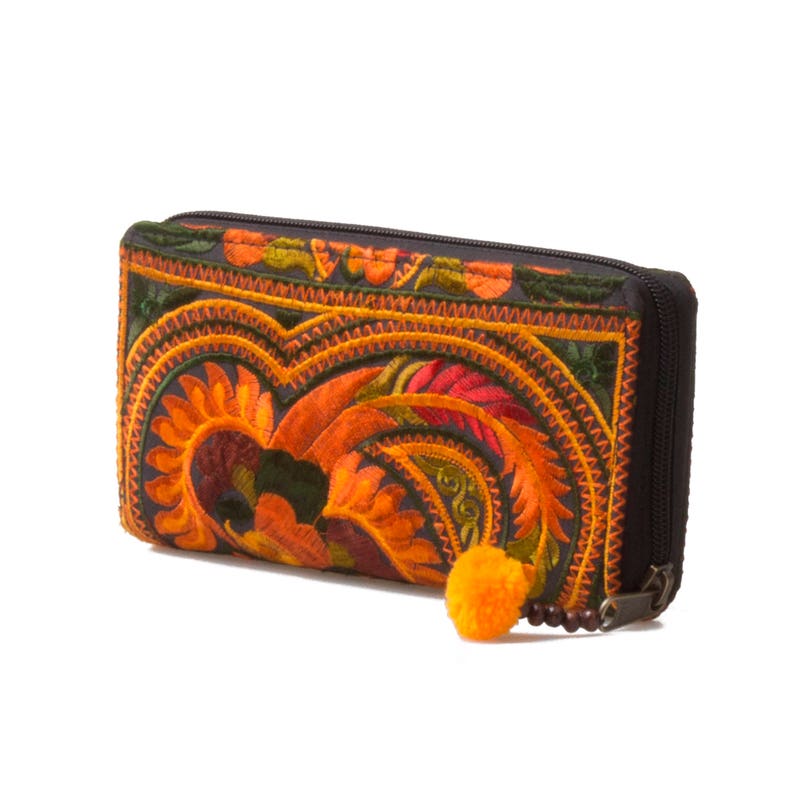 Handcrafted Boho Wallet with Hmong Tribal Embroidered Pom Pom Zip Pull Purse for Women WA301ORGB image 3