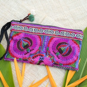 Purple Peony Cotton Clutch Bag, Women&#39;s Wrislet with Embroidered Hmong Pattern,  Clutch Bag, Unique Festival Purse - BG308PURPE