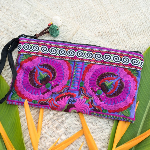 Purple Peony Cotton Clutch Bag, Women's Wrislet with Embroidered Hmong Pattern,  Clutch Bag, Unique Festival Purse - BG308PURPE