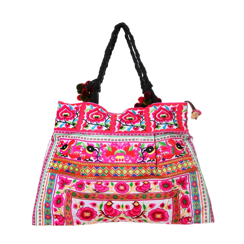 Silk Worm Beach Tote Bag with Hmong Hill Tribe Embroidery, Tote Bag, Boho Tote Bag, Ethnic Tote Bag, Flower Tote Bag BG301WHIW image 5