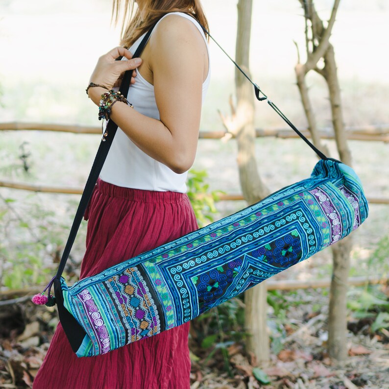 BG316BLUDIA Handcrafred Fair Trade Yoga Mat Bag for Yogi Ethnic Yoga Mat Bag with Diamond Hmong Hill Tribe Embroidered in Blue
