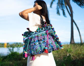 Blue Bird Hmong Embroidered Tote Bag, Bohemian Beach Bag with Pom Poms - BG66BLUB