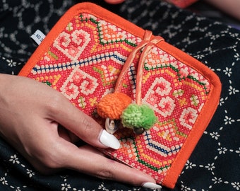 Orange Passport Covers with Handmade Hmong Tribe Embroidery, Pom Pom Passport Holder, Boho Passport Covers from Thailand - BG0043-00-ORG