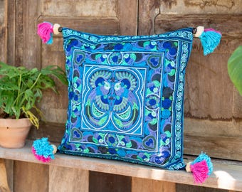 16x16 Blue Bird Hmong Embroidery Cushion Cover, Thai Bohemian Pillow with Pom Poms - CS12BLUB