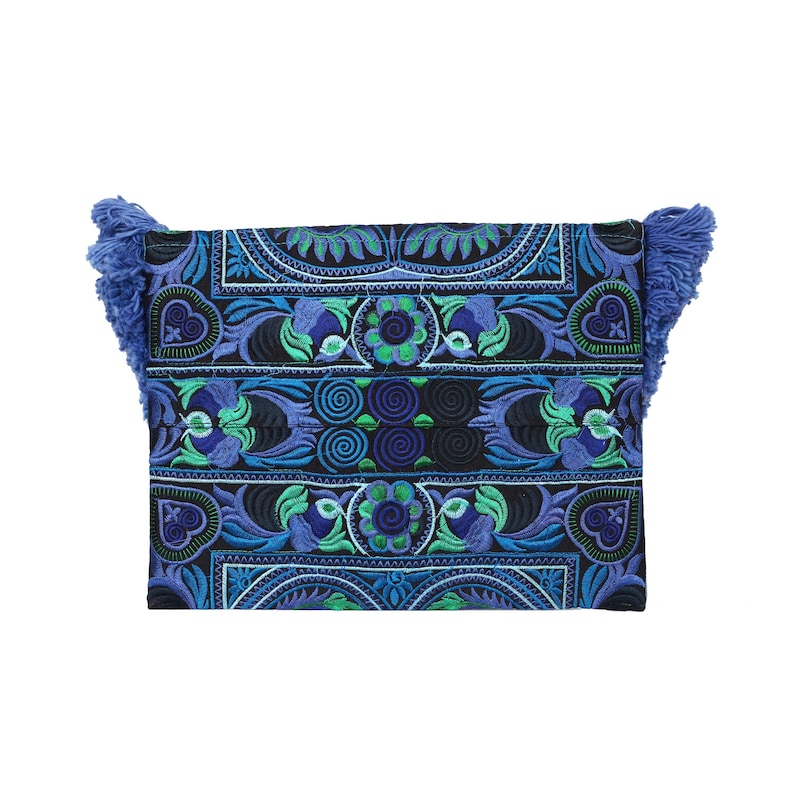 Blue Clutch Bag/Ipad Holder with Bird Pattern Hmong Embroidered Pattern, Tassels, Bohemian Clutch Bag, Festival Bag BG0040-00-BLU image 8
