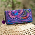 One of a Kind Hmong Hill Tribe Embroidered Women Wallet  Purse with Pom Pom Zip Pull - WA301PURB product logo