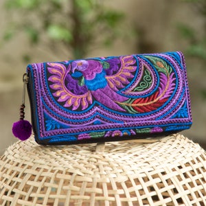 One of a Kind Hmong Hill Tribe Embroidered Women Wallet  Purse with Pom Pom Zip Pull - WA301PURB