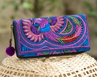 One of a Kind Hmong Hill Tribe Embroidered Women Wallet Purse with Pom Pom Zip Pull - WA301PURB