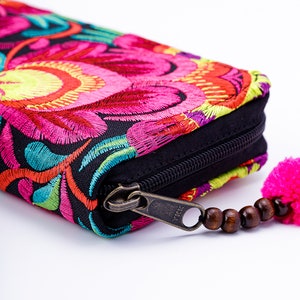 Red Flower Boho Wallet for Women, Hmong Embroidered Purse, Bohemian Wallet from Thailand, Ethnic Wallet with Pom Pom WA301FRED image 8