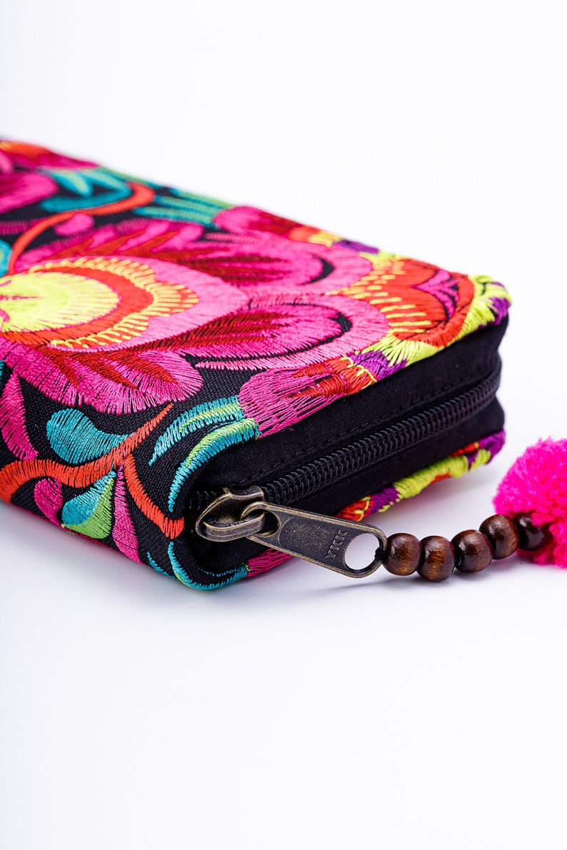 Red Flower Boho Wallet for Women, Hmong Embroidered Purse, Bohemian Wallet from Thailand, Ethnic Wallet with Pom Pom WA301FRED image 8