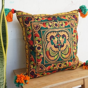 16x16 Orange Cushion Cover with Hmong Tribes Embroidery, Unique Thai Pillow Case, Pom Poms Cushion Cover, Bohemian Style Pillow - CS12ORGB