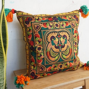 16x16 Orange Cushion Cover with Hmong Tribes Embroidery, Unique Thai Pillow Case, Pom Poms Cushion Cover, Bohemian Style Pillow - CS12ORGB