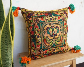 16x16 Orange Cushion Cover with Hmong Tribes Embroidery, Unique Thai Pillow Case, Pom Poms Cushion Cover, Bohemian Style Pillow - CS12ORGB