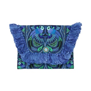 Blue Clutch Bag/Ipad Holder with Bird Pattern Hmong Embroidered Pattern, Tassels, Bohemian Clutch Bag, Festival Bag BG0040-00-BLU image 6