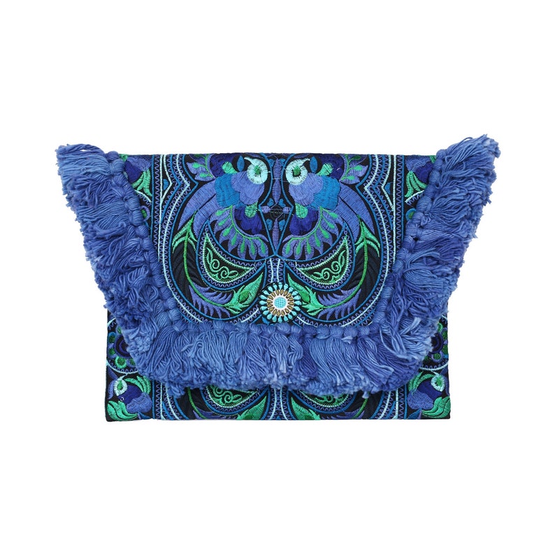 Blue Clutch Bag/Ipad Holder with Bird Pattern Hmong Embroidered Pattern, Tassels, Bohemian Clutch Bag, Festival Bag BG0040-00-BLU image 6