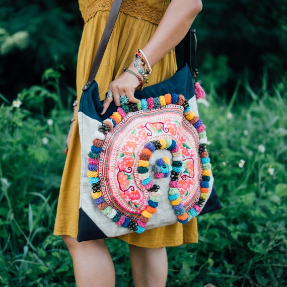 Handmade Boho Crossbody Bag, Vintage Hmong Embroidered Sling Bag, Hippie Bag