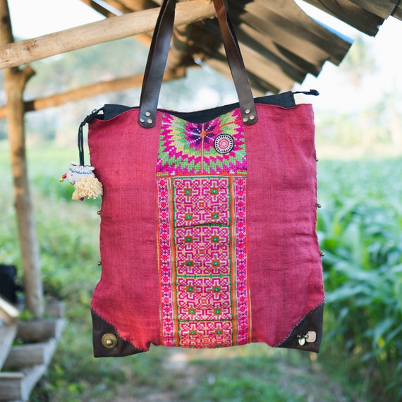 Hemp Beach Tote Bag for Women Unique Vintage Hmong Embroidered Tote in Red Handcrafted Tote With Leather Straps Boho Bag BG0007 00 RED Etsy Ireland