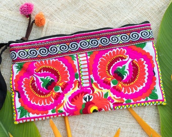 Pink Peony Handcrafted Clutch Bag for Women, Embroidered Hmong Tribes Pattern Clutch Bag, Boho Handbag, Unique Gift for Her - BG308WHIPE