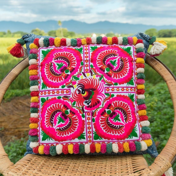 18x18 Floral Hmong Embroidered Pillow Cover, Pom Pom Boho Cushion - CS7WHIPE