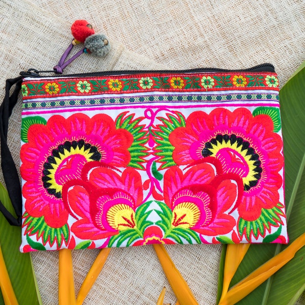 Pink Flower Embroidered Hmong Pattern Clutch Bag, Pom Pom Wrislet, Boho Clutch Bag, Festival Purse, Unique Gift for Her - BG308WHIF