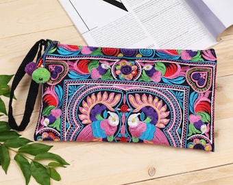 Colorful Bird Pattern Clutch Bag with Embroidered Hmong Tribes, Unique Clutch Bag, Boho Clutch Bag, Unique Gift for Women - BG308CB