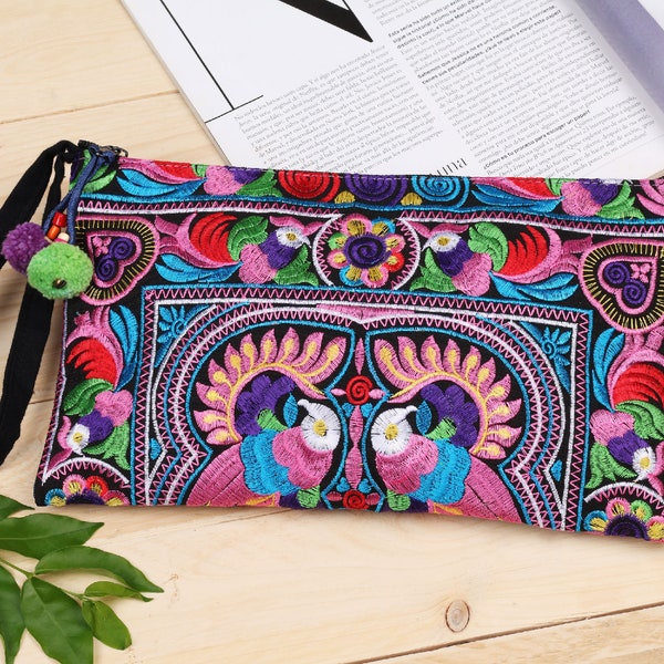 Colorful Bird Pattern Clutch Bag with Embroidered Hmong Tribes, Unique Clutch Bag, Boho Clutch Bag, Unique Gift for Women - BG308CB