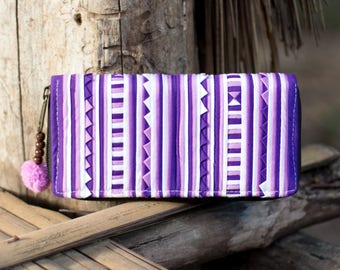 Cartera de mano tribal Hmong, hecha a mano, con cremallera y pompón - WA301SPUR