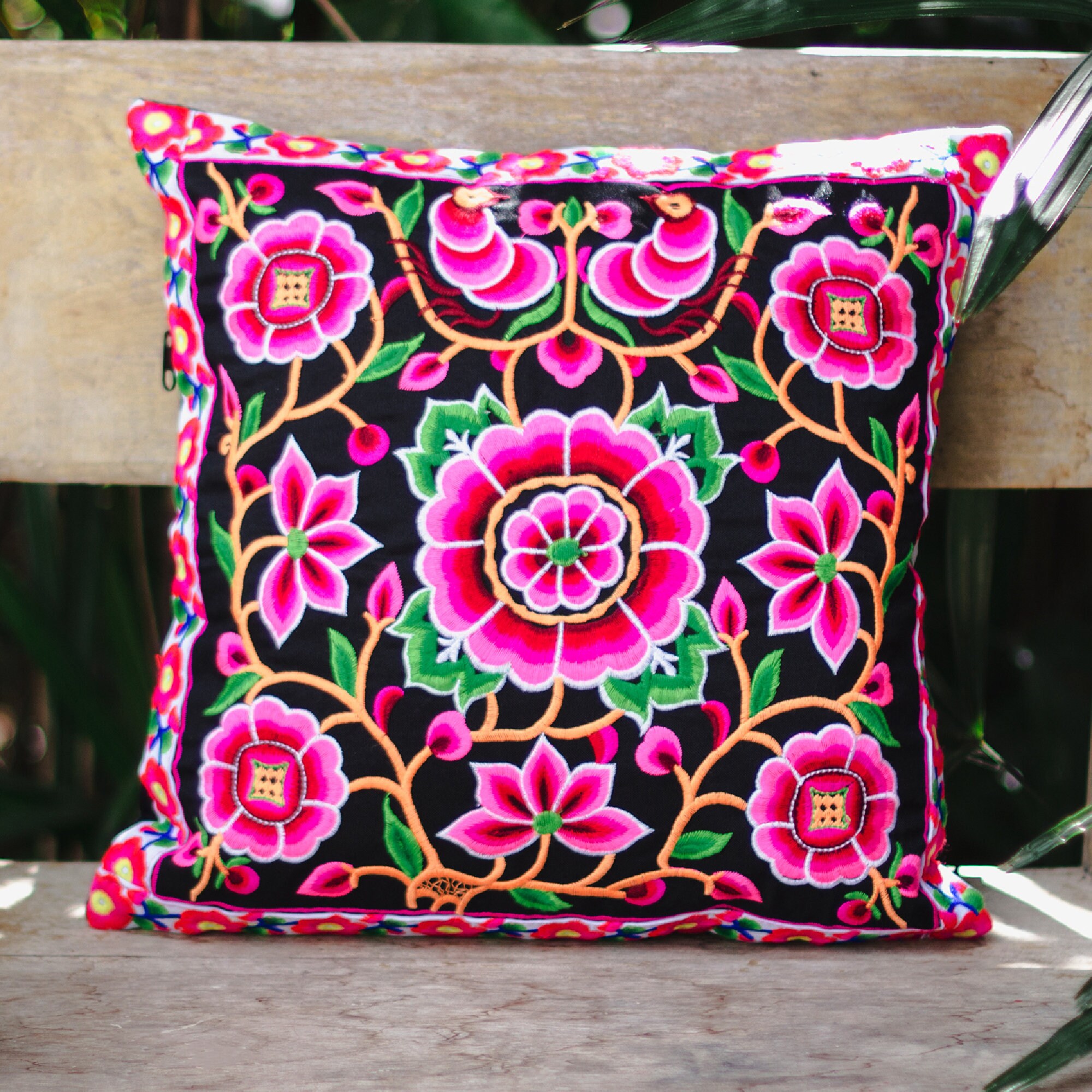 Peony Fair Trade Pillow Cover Hmong Hill Tribe Embroidered Pillow Cover Peony Fair Trade Pillow Cover Hmong Hill Tribe Embroidered Pillow Cover