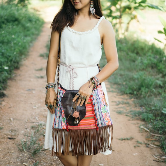 Unique Bohemian Fringe Crossbody Bag, Hmong Hill Tribe