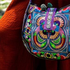 Colorful Bird Pattern Crossbody Bag with Hmong Tribe Embroidery, Boho Round Crossbody Bag, Hippie Crossbody Bag BG303CB image 5