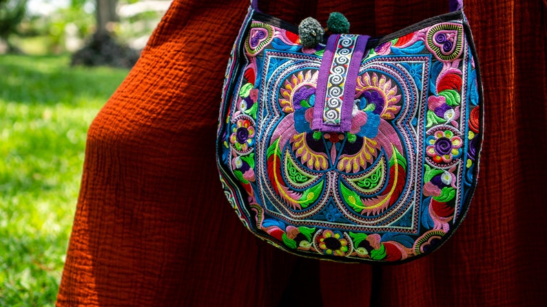 Colorful Bird Pattern Crossbody Bag with Hmong Tribe Embroidery, Boho Round Crossbody Bag, Hippie Crossbody Bag BG303CB image 5