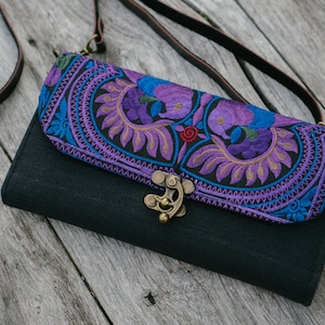 Purple Bird Pattern Crossbody Purse/Wallet for Woman, Hmong Wallet, Embroidered Purse, Boho Wallet in Purple - BG0014-01-PUR