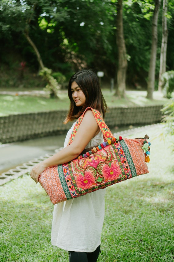 Orchid Hmong Embroidered Yoga Mat Bag, Handmade Thai Pom Pom Decor - BG62ORGH